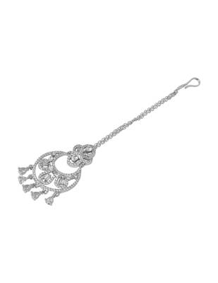 Silver plated cubic zirconia american diamond studded maang tikka with hanging drops for women (t2204s) 4