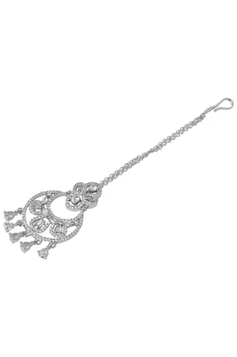 Silver plated cubic zirconia american diamond studded maang tikka with hanging drops for women (t2204s)