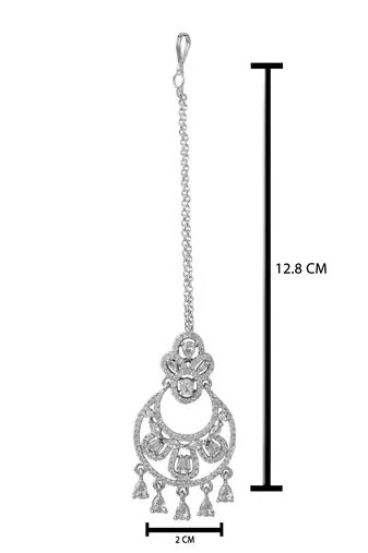 Silver plated cubic zirconia american diamond studded maang tikka with hanging drops for women (t2204s)