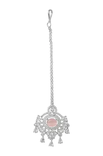 Silver plated traditional cubic zirconia american diamond studded maang tikka for women (t2203zpi)