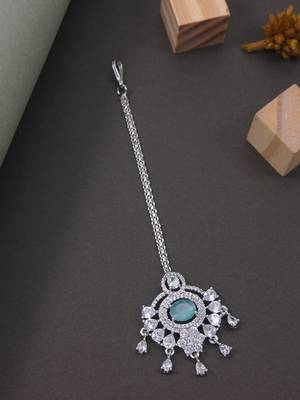Silver plated traditional cubic zirconia american diamond studded maang tikka for women (t2203zmin) 2