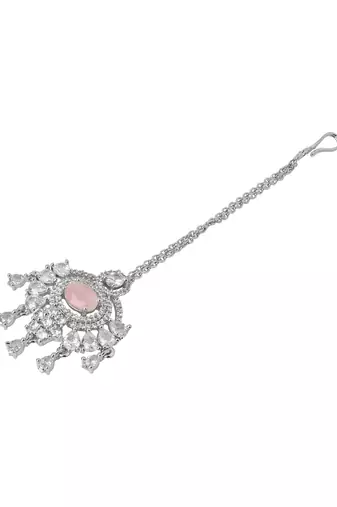 Silver plated traditional cubic zirconia american diamond studded maang tikka for women (t2203zpi)