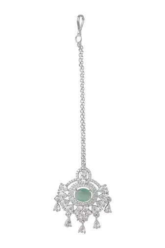 Silver plated traditional cubic zirconia american diamond studded maang tikka for women (t2203zmin)