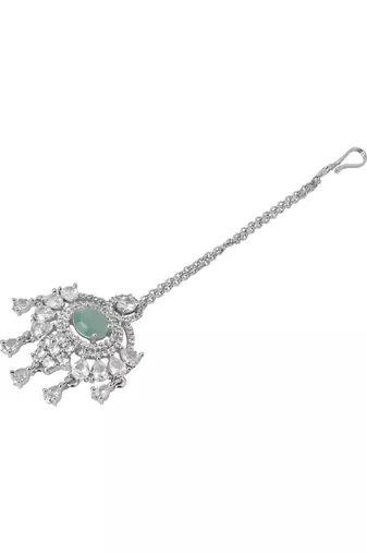 Silver plated traditional cubic zirconia american diamond studded maang tikka for women (t2203zmin)