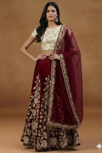 MAROON ZARI DORI & SEQUINS EMBROIDERED VELVET SEMI STITCHED LEHENGA CHOLI