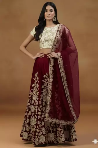 MAROON ZARI DORI & SEQUINS EMBROIDERED VELVET SEMI STITCHED LEHENGA CHOLI