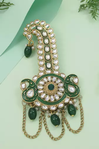 Gold plated traditional stone pearl drop safa kalangi brooch for groom/men/dulha pagadi (sm97g)