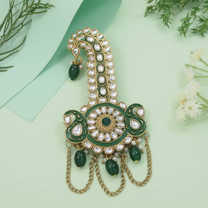 Gold plated traditional stone pearl drop safa kalangi brooch for groom/men/dulha pagadi (sm97g)