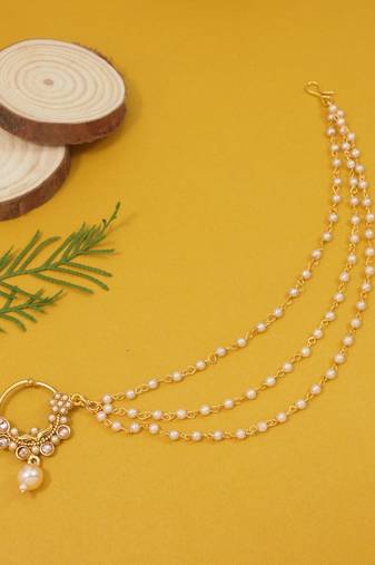 Gold plated traditional bridal nath/nose ring without piercing with triple pearl chain & stone for women (nl185fl)