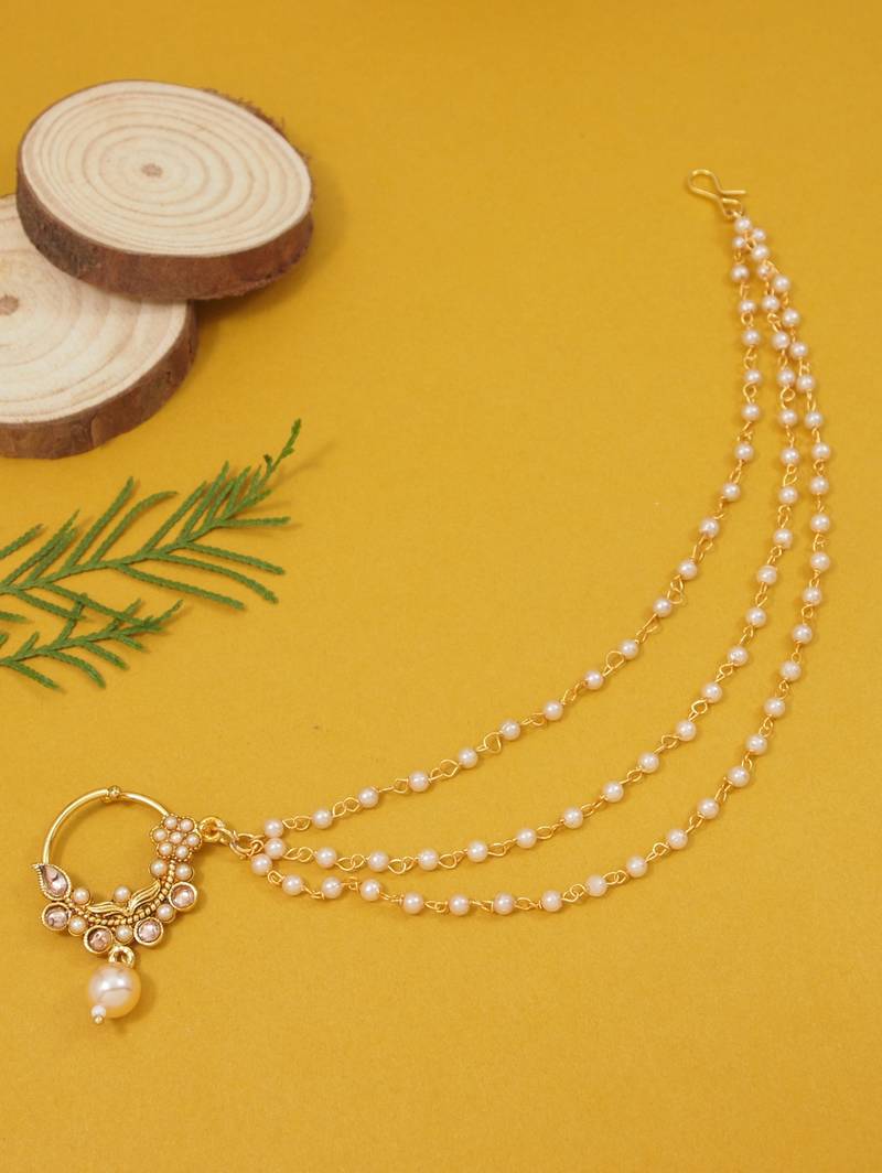 Gold plated traditional bridal nath/nose ring without piercing with triple pearl chain & stone for women (nl185fl)