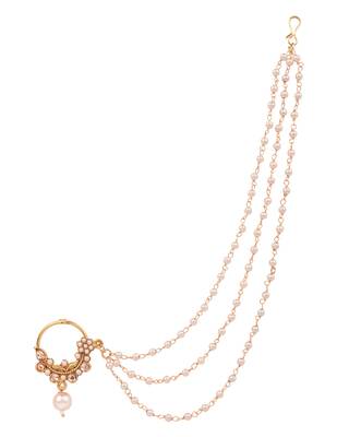Gold plated traditional bridal nath/nose ring without piercing with triple pearl chain & stone for women (nl185fl) 2