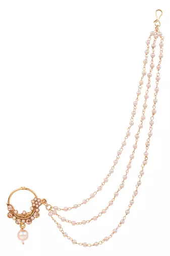 Gold plated traditional bridal nath/nose ring without piercing with triple pearl chain & stone for women (nl185fl)