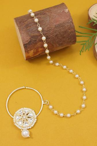 Gold plated traditional bridal nath/nose ring without piercing with pearl chain & stone for women (nl184w)