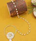 Gold plated traditional bridal nath/nose ring without piercing with pearl chain & stone for women (nl184w)