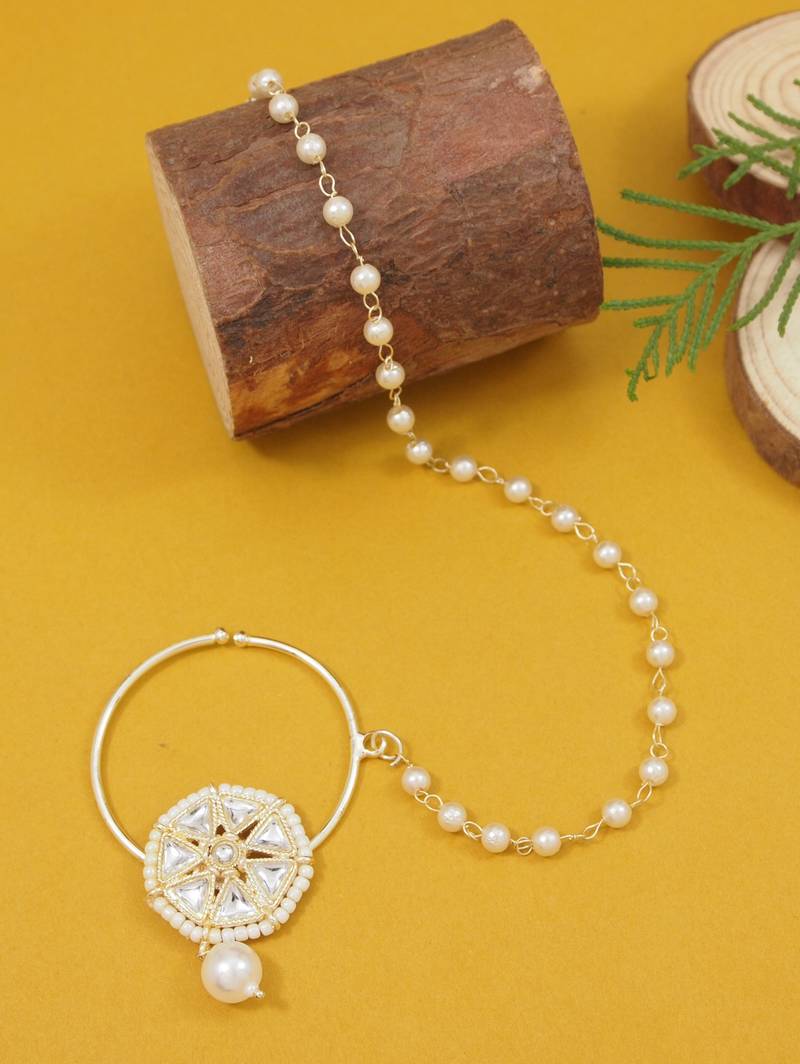 Gold plated traditional bridal nath/nose ring without piercing with pearl chain & stone for women (nl184w)