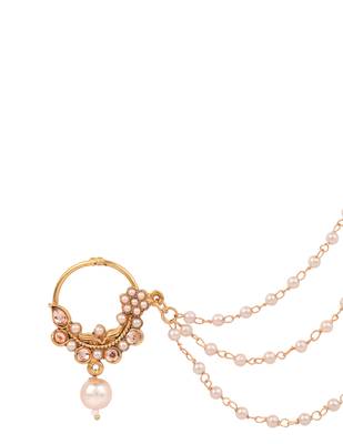 Gold plated traditional bridal nath/nose ring without piercing with triple pearl chain & stone for women (nl185fl) 3
