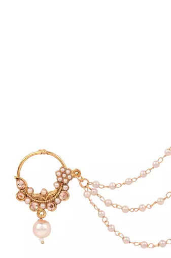 Gold plated traditional bridal nath/nose ring without piercing with triple pearl chain & stone for women (nl185fl)