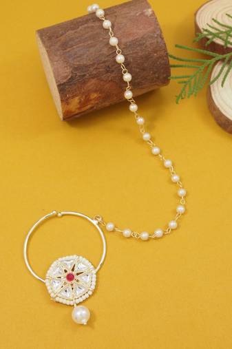 Gold plated traditional bridal nath/nose ring without piercing with pearl chain & stone for women (dark pink)