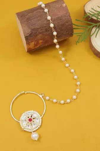 Gold plated traditional bridal nath/nose ring without piercing with pearl chain & stone for women (dark pink)