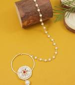 Gold plated traditional bridal nath/nose ring without piercing with pearl chain & stone for women (dark pink)