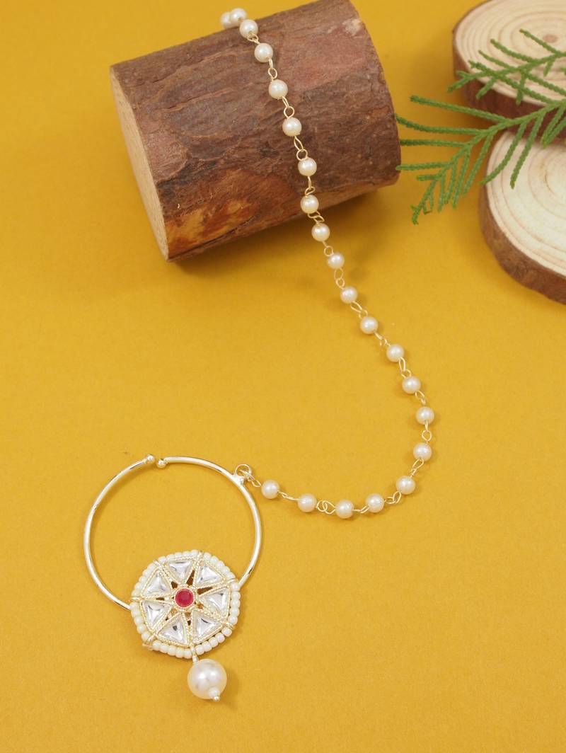 Gold plated traditional bridal nath/nose ring without piercing with pearl chain & stone for women (dark pink)