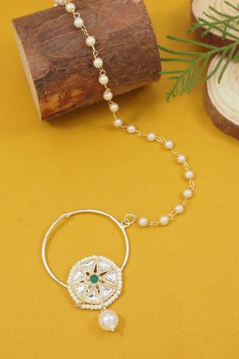 Gold plated traditional bridal nath/nose ring without piercing with pearl chain & stone for women (green)
