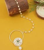 Gold plated traditional bridal nath/nose ring without piercing with pearl chain & stone for women (green)