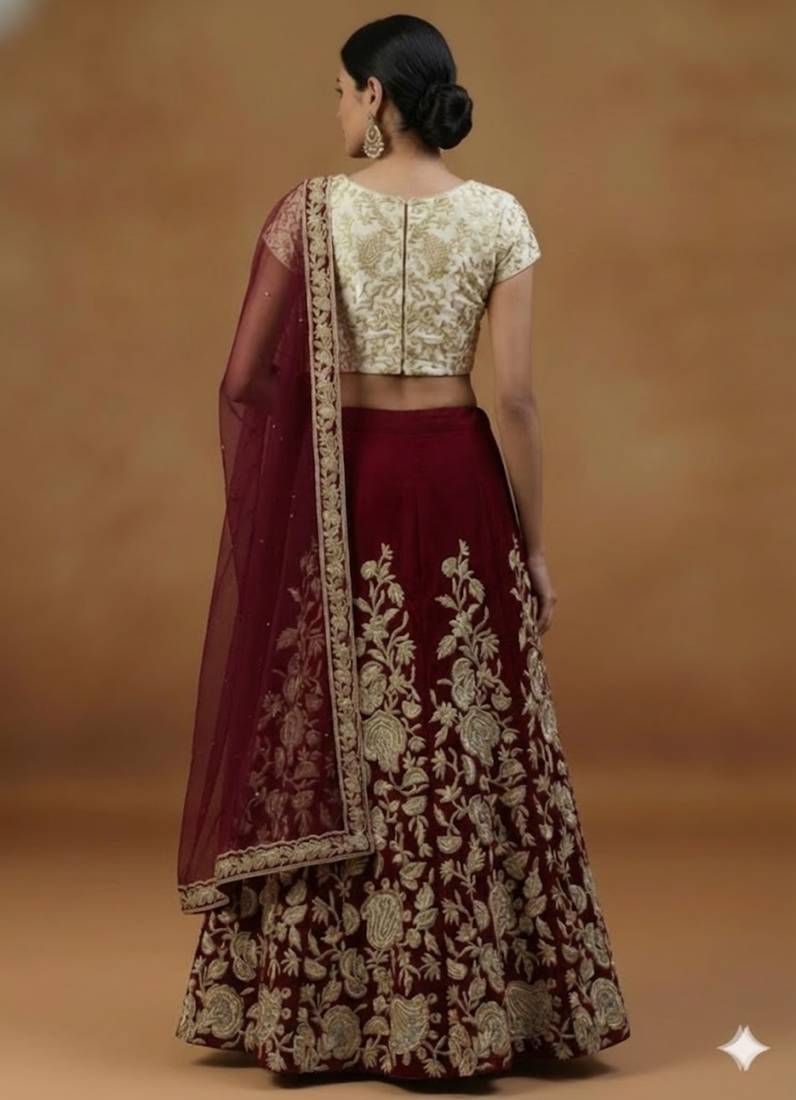 MAROON ZARI DORI & SEQUINS EMBROIDERED VELVET SEMI STITCHED LEHENGA CHOLI