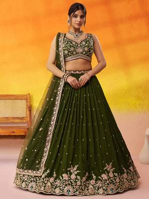 Olive green Georgette Fabric Sequins and Thread Embroidery Semi-Stitched Lehenga set with Blouse and Dupatta 1