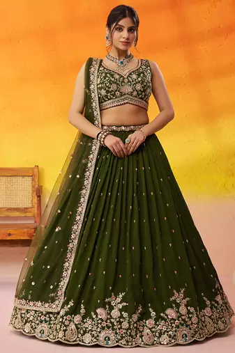 Olive green Georgette Fabric Sequins and Thread Embroidery Semi-Stitched Lehenga set with Blouse and Dupatta