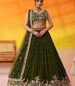 Olive green Georgette Fabric Sequins and Thread Embroidery Semi-Stitched Lehenga set with Blouse and Dupatta