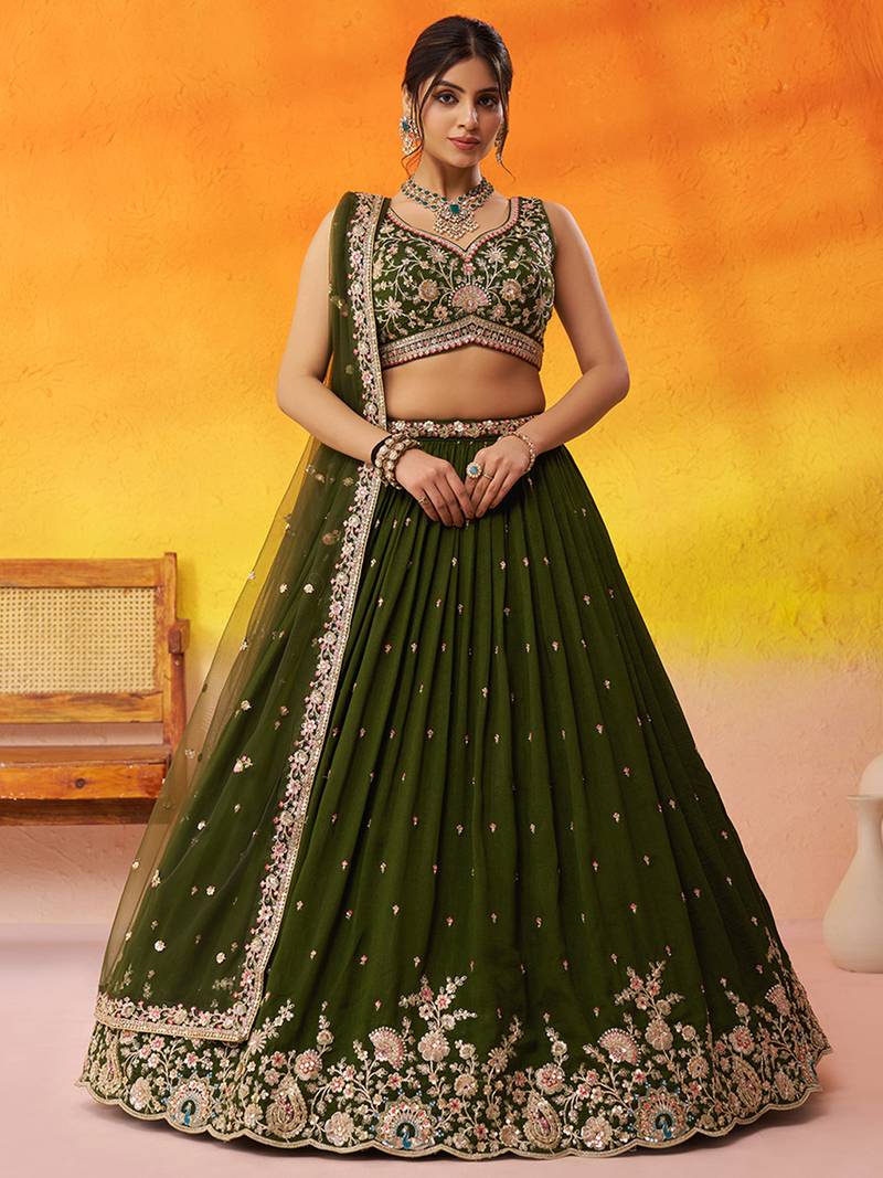 Olive green Georgette Fabric Sequins and Thread Embroidery Semi-Stitched Lehenga set with Blouse and Dupatta