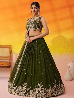 Olive green Georgette Fabric Sequins and Thread Embroidery Semi-Stitched Lehenga set with Blouse and Dupatta 3