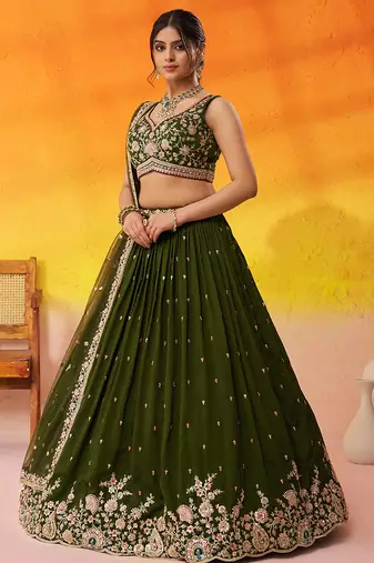 Olive green Georgette Fabric Sequins and Thread Embroidery Semi-Stitched Lehenga set with Blouse and Dupatta