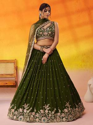 Olive green Georgette Fabric Sequins and Thread Embroidery Semi-Stitched Lehenga set with Blouse and Dupatta 4