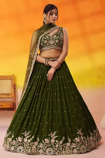 Olive green Georgette Fabric Sequins and Thread Embroidery Semi-Stitched Lehenga set with Blouse and Dupatta