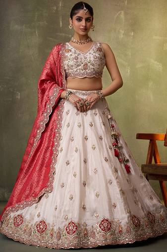 Beige tissue fabric sequins and thread embroidery semi-stitched lehenga set with blouse and red dupatta