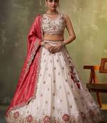 Beige tissue fabric sequins and thread embroidery semi-stitched lehenga set with blouse and red dupatta