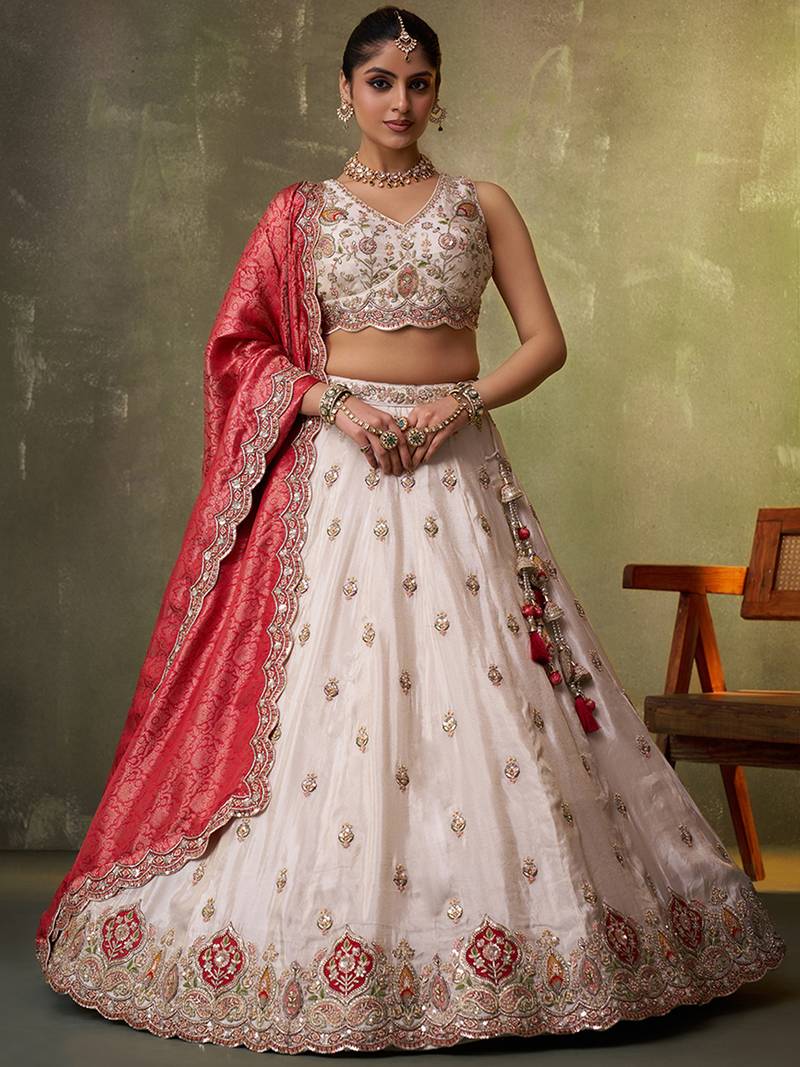 Beige tissue fabric sequins and thread embroidery semi-stitched lehenga set with blouse and red dupatta