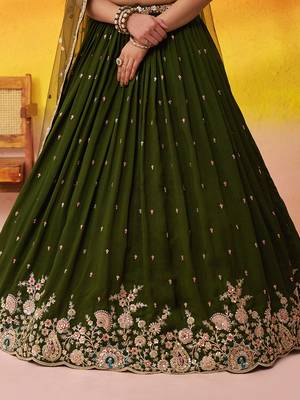 Olive green Georgette Fabric Sequins and Thread Embroidery Semi-Stitched Lehenga set with Blouse and Dupatta 5