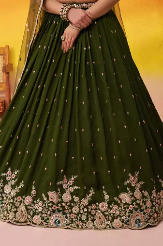 Olive green Georgette Fabric Sequins and Thread Embroidery Semi-Stitched Lehenga set with Blouse and Dupatta