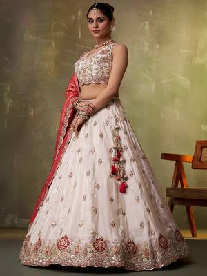 Beige tissue fabric sequins and thread embroidery semi-stitched lehenga set with blouse and red dupatta 3