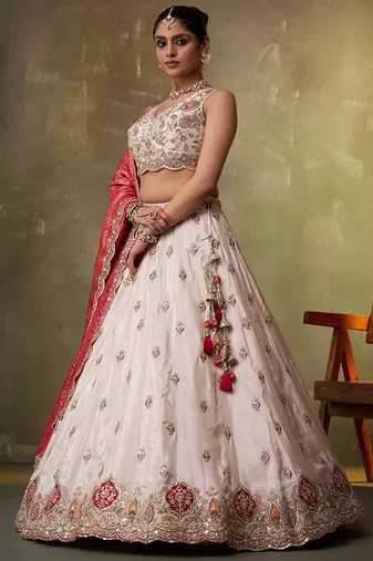 Beige tissue fabric sequins and thread embroidery semi-stitched lehenga set with blouse and red dupatta