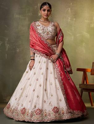 Beige tissue fabric sequins and thread embroidery semi-stitched lehenga set with blouse and red dupatta 4