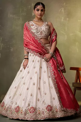 Beige tissue fabric sequins and thread embroidery semi-stitched lehenga set with blouse and red dupatta
