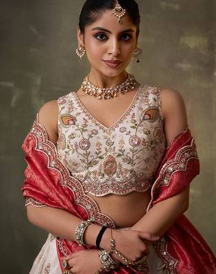 Beige tissue fabric sequins and thread embroidery semi-stitched lehenga set with blouse and red dupatta 5