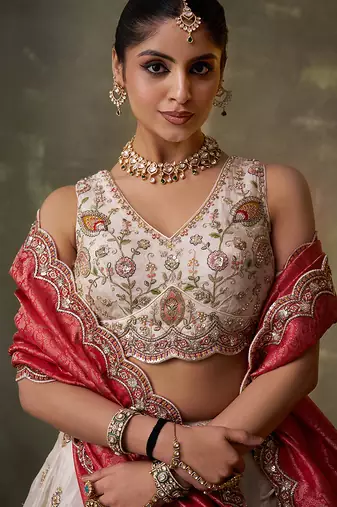 Beige tissue fabric sequins and thread embroidery semi-stitched lehenga set with blouse and red dupatta