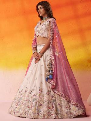 Beige tissue fabric sequins and thread embroidery semi-stitched lehenga set with blouse and PINK dupatta 1