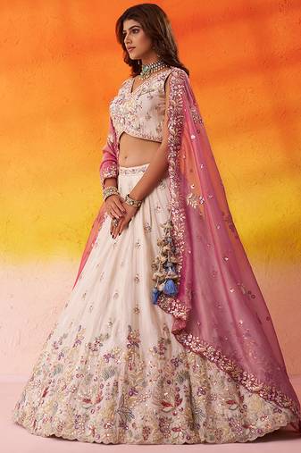 Beige tissue fabric sequins and thread embroidery semi-stitched lehenga set with blouse and PINK dupatta
