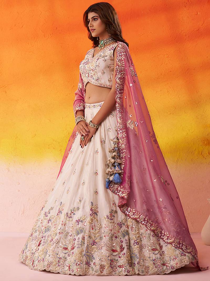 Beige tissue fabric sequins and thread embroidery semi-stitched lehenga set with blouse and PINK dupatta